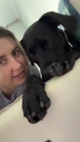 A blonde woman and a black dog are lying on a bed. The woman is on the left, and the dog is on the right, with its head resting near the woman's face. The woman is looking at the camera and speaking. The dog is looking at the woman. The room appears to be a bedroom with a white ceiling and a green and blue plaid blanket on the bed.
