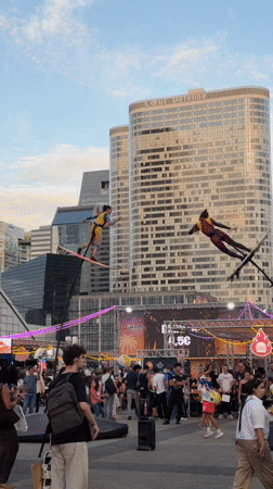 Aerial wire performers draw a crowd near La Défense