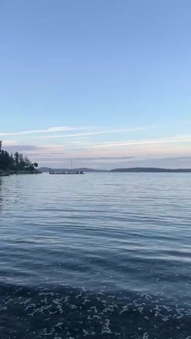This video captures a serene view of a calm body of water under a pale blue sky with scattered wispy clouds. In the foreground, small waves gently lap against a rocky shore, creating a foamy white edge. The water is a deep blue, reflecting the sky. In the mid-ground, a long, narrow dock extends from the left side of the frame into the water, with a few boats moored nearby. Beyond the dock, a tree-lined shore with distant hills forms the horizon. The overall scene suggests a peaceful natural environment, possibly at dawn or dusk given the soft lighting. No people or explicit actions are visible in the video.