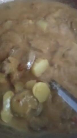A close-up, slightly out-of-focus shot shows a pot of food. The food appears to be a stew or curry with pieces of light-colored meat and vegetables in a creamy, light brown sauce. Red flecks, possibly chili flakes, are visible throughout the dish. A spoon is partially submerged in the food on the right side of the frame. The lighting is dim, and the pot seems to be made of metal. The camera moves slightly, causing the contents of the pot to shift.