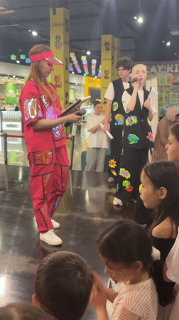 Colorful entertainers perform for children at Russian indoor venue