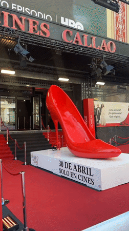 Giant red shoe display at Madrid cinema