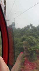 Woman rides red cable car through lush Yongding scenery