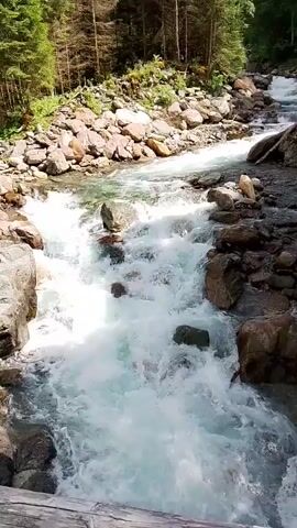 The video showcases a fast-flowing mountain stream in a natural setting. The water is a clear, turquoise color, churning and white with foam as it rushes over a bed of large, reddish-brown rocks and smaller pebbles. The stream descends from the upper left of the frame towards the lower right, creating a dynamic visual flow.

On either side of the stream, the banks are lined with more rocks and a dense forest. The trees appear to be mostly evergreens, with some deciduous trees interspersed, suggesting a mountainous or alpine environment. The sunlight filters through the trees, casting dappled light on the water and rocks, indicating it is likely daytime. The lush green foliage and the vibrant water suggest a temperate climate, possibly late spring or summer.

There are no people or artificial objects visible in the frame, emphasizing the untouched, wild nature of the scene. The overall impression is one of natural power and tranquility, with the sound of rushing water likely being the dominant element. The location is identified as Bramberg am Wildkogel, Austria, which aligns with the visual cues of a mountainous, forested region with clear, fast-flowing rivers. No text is visible in the video.