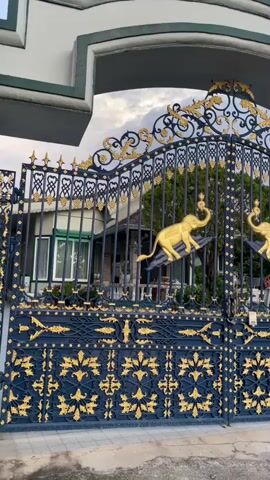 The video begins by showing a tall, ornate gate made of dark metal with gold accents. The gate features decorative scrollwork and two prominent gold elephant figures. Behind the gate, a house can be seen, along with trees and vegetation. The camera then pans upwards to reveal a cluttered network of overhead power lines against a cloudy sky. The perspective shifts to show a white wall with green rectangular designs, followed by a street with a car driving on it. The video concludes with a view of the road stretching into the distance, bordered by lush greenery and more power lines, under a sky with scattered clouds.