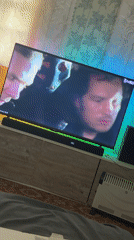 Action movie scenes broadcast on television in Makiivka, Ukraine