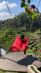 Tourist swings over Bali's Tegallalang rice terraces at scenic resort