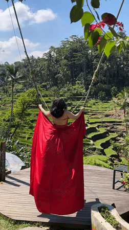 Tourist swings over Bali's Tegallalang rice terraces at scenic resort