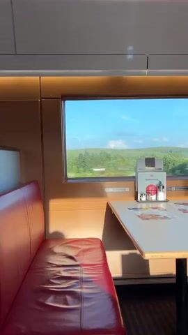 The video shows the interior of a train car, looking out of a window. The scene is viewed from the perspective of someone sitting on a red leather banquette seat, with a table in front of them. On the table are salt and pepper shakers, a sugar dispenser, and a small menu holder. Outside the window, trees and green fields are visible, blurred due to the train's motion. The sky is blue with some white clouds. The lighting suggests it is daytime, possibly late afternoon, with sunlight casting shadows on the seat. The overall impression is one of travel through a scenic, rural landscape.