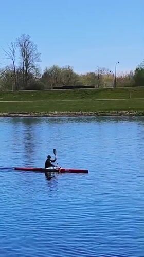 Canoeist spotted paddling red racing boat in Jelgava waters