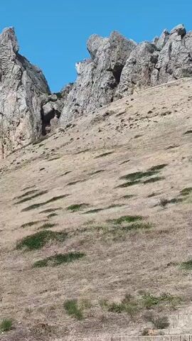 A rocky cliff face dominates the upper portion of the frame, under a clear blue sky. The cliff is textured and appears weathered, with several distinct peaks and overhangs. Below the cliff is a steep, grassy slope. The grass is dry and appears light brown or tan, with scattered patches of darker green vegetation. The camera appears to be looking up the slope towards the cliff. In the lower right corner of the frame, there are some stone steps and a metal railing, suggesting a path or trail leading up the hill. The scene is natural and appears to be an outdoor environment.