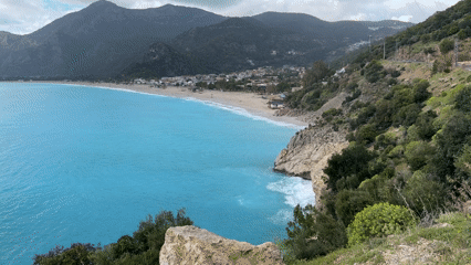 Aerial view captures scenic Turkish coastline with turquoise waters