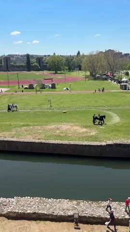 The video shows an outdoor scene featuring a large grassy field with a running track in the background. On the left side of the field, a person is riding a white horse, while on the right side, another person is riding a black horse. A small canal with stone embankments runs in the foreground. People are walking around the field and along the canal. In the distance, buildings and trees are visible under a bright blue sky with a few clouds. Birds are flying overhead.