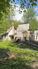 Spring documentation of church, ruins, flowers in Tokkari, Russia