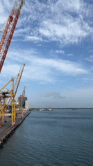 Industrial harbor scenes captured during evening hours