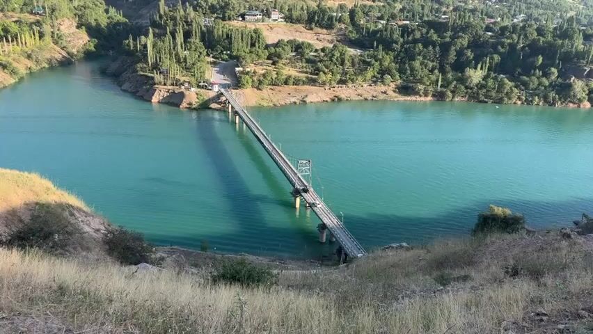 A wide shot captures a turquoise body of water, likely a lake or reservoir, with a bridge spanning across it. The bridge, a long, slender structure, supports a road with a few vehicles visible. The water's surface is rippled, suggesting a gentle breeze. On either side of the water are steep, verdant hillsides covered in trees and sparse vegetation. The trees are a mix of deciduous and coniferous types, with some tall, slender trees prominently lining the banks near the bridge. The hills are bathed in sunlight, casting long shadows across the landscape. The sky above is clear and blue. The overall impression is one of a serene, natural landscape with a man-made structure connecting the two sides of the water.