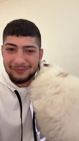 A young man with short dark hair and a beard, wearing a white hoodie, is smiling while holding a small, fluffy white dog. The dog is licking the man's face near his ear. The background is a plain white wall.
