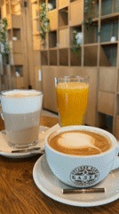 Coffee and orange juice served at Sofia cafe