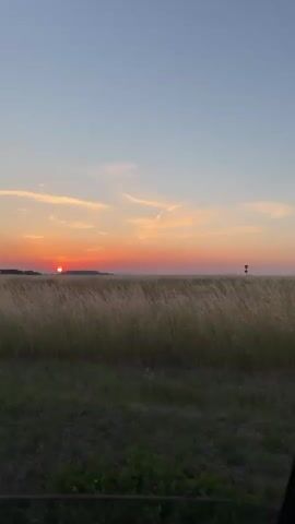 This is a vertical video of a sunset over a field of tall grass in Oberwetz, Germany. The sun is a bright orange orb setting behind a distant line of trees on a hill. The sky is a gradient of blue at the top, fading to orange and pink near the horizon, with wispy clouds streaked across it. The grass in the foreground is golden and appears to be swaying gently. The overall mood is peaceful and serene, evoking a sense of natural beauty at dusk. There is no visible text in the video.
