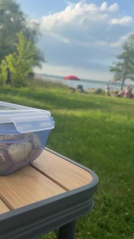 The camera focuses on a container of food on a folding table, then pans to a park-like setting with a lake in the background. A red umbrella is visible near the water's edge. People are gathered on the grass.  Some are near bicycles, one is sitting down.  The sky is blue with some clouds.