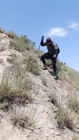 A person is hiking up a steep, dry, grassy hillside under a blue sky with some clouds. The hiker is wearing a dark hat, dark face covering, a green t-shirt, dark pants with a number eight visible on the right leg, and hiking boots. They are using two trekking poles for support. The terrain is rocky and dusty with sparse dry grass and brush.