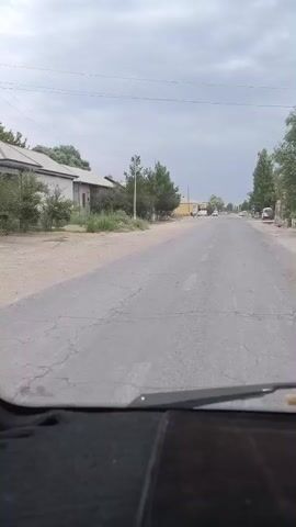 The video shows a view from inside a vehicle, looking out through the windshield. The vehicle is driving on a paved road. On either side of the road are buildings and trees. The sky is cloudy.