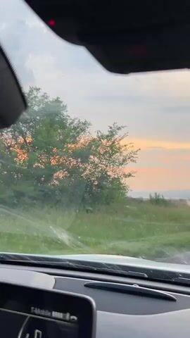 The media file captures a view from inside a car, looking out through the windshield. The scene depicts a rural landscape at sunset, with the sun casting a warm, golden glow across the sky. The sun is prominently visible, surrounded by soft clouds painted in hues of orange and pink. Rolling hills and fields of grass stretch into the distance, dotted with a few scattered trees. The foreground shows the car's dashboard, with a dark digital display that is too blurry to read. The overall atmosphere is serene and picturesque, evoking a sense of a peaceful drive through the countryside as day transitions into evening. The location is identified as Городок, Russia.