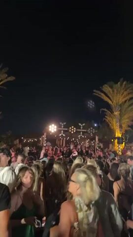 A wide shot shows a nighttime outdoor gathering. A large crowd of people are standing and milling about, facing a raised stage area. Palm trees are visible on the sides of the frame, illuminated by lights. The stage has a structure with decorative elements and multiple lights, suggesting a performance or event is taking place. The overall atmosphere appears festive.
