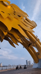 Close-up footage captured of Dragon Bridge's golden head in Da Nang