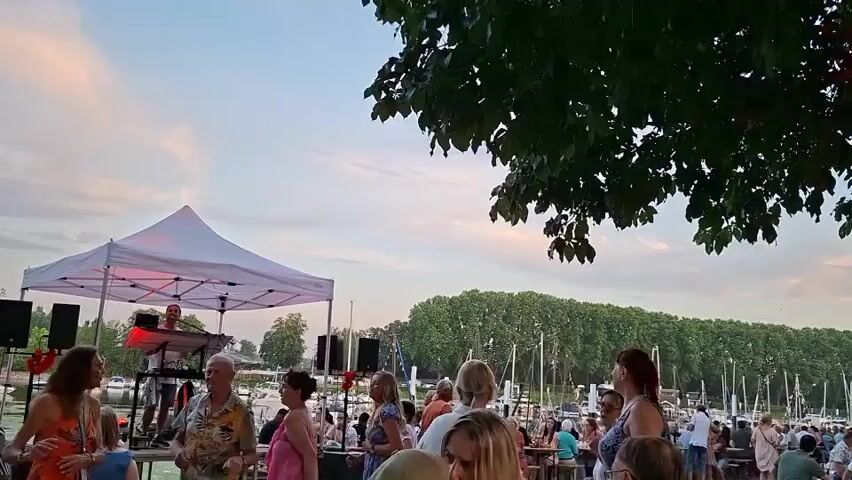 A crowd of people are gathered outdoors near a body of water, possibly a marina, as evidenced by the numerous boats docked in the background. In the foreground, a white tent is set up, under which a DJ is performing with a console and speakers. The DJ is a man in a light-colored shirt. Various people of different ages are seen mingling, dancing, and conversing. Some are standing, while others are seated at tables. The overall atmosphere appears to be a lively outdoor event or party, possibly at sunset given the soft, warm lighting. The sky is visible, with some clouds and trees providing a natural backdrop.