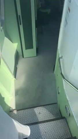 The video begins inside a passenger ferry, showing the entryway to the cabin. The cabin interior is painted a light green and has a few seats visible. The door to the cabin is open, and a few passengers are seated inside. The perspective then shifts to the exterior of the ferry, offering a view of the water and a distant coastline with buildings. The water is calm and blue, under a clear sky. The ferry appears to be moving, as indicated by the slight blurring of the distant scenery. There are other boats and buoys visible in the water. The video is shot from a low angle, giving a sense of being on the water.