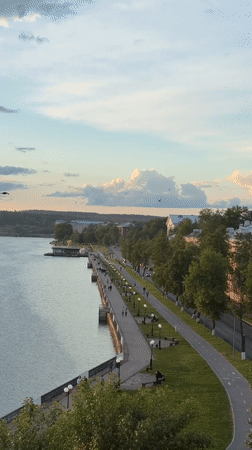 Evening leisure activities captured along Votkinsk waterfront promenade