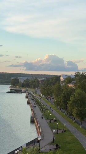 Evening leisure activities captured along Votkinsk waterfront promenade