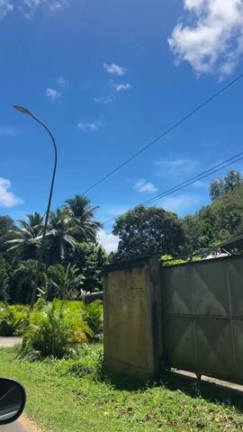 The video shows a car driving along a road in a tropical area. The sky is bright blue with puffy white clouds, and lush green vegetation lines the roadside. Palm trees and other large trees are abundant, creating a dense, tropical environment. Utility poles and power lines are also visible. Cars are parked on the side of the road. The video seems to be taken from the perspective of someone in a moving vehicle. The audio contains the sound of wind.