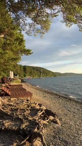 A vertical, handheld, eye-level shot begins with a wide view of a lake shore. In the foreground, a textured patch of exposed tree roots lies on a grey and brown pebble beach. To the left, two wooden benches are arranged facing the water. In the mid-ground, the edge of a tranquil lake is visible, with gentle waves lapping at the shore. A line of trees and a forested hill form the far bank of the lake, with a few buildings and a boat visible near the shore. The sky above is a mix of soft grey clouds and patches of bright blue, with the sun casting a warm, hazy glow on the horizon to the right. The camera slowly pans to the right, widening the view of the lake and the distant hills. The sun appears brighter and closer to the horizon as the shot progresses, reflecting off the water. The shot concludes with a wider view of the lake under a partly cloudy sky, with the sun shining brightly on the right side of the frame.