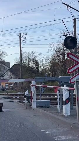 The video shows a "Lastochka" train passing through a railway crossing in Pionersky, Russia, during daytime under a clear sky. In the foreground, an asphalt road leads to the tracks, where red and white striped railway crossing barriers are lowered, indicating an approaching or passing train. A railway crossing signal light and a St. Andrew's cross warning sign are visible on the right. Overhead power lines span across the scene, supported by utility poles. As the video progresses, a modern red and grey "Ласточка" (Lastochka) train, an electric multiple unit, moves from left to right across the frame. The name "Ласточка" is clearly visible on its side. Smaller text, likely "МЕСТ ДЛЯ СОПРОВ." (seats for accompanying personnel), is also visible on the train. In the background, bare-branched trees and a house are visible. A person is briefly seen near the tracks as the train approaches.