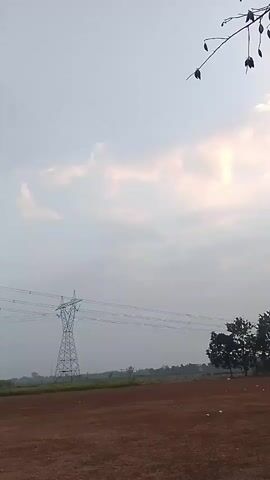 The video pans across an open field with dry, reddish-brown dirt in the foreground. In the mid-ground, several power lines stretch horizontally across the frame, supported by a tall, lattice-style metal pylon. To the left and right of the pylon, there are scattered trees. The sky is overcast with light gray clouds, with hints of brighter light suggesting the sun is behind them. The overall impression is a rural or undeveloped landscape.