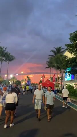 The video shows a group of people walking down a street at dusk. The sky is a mix of purple and orange, with palm trees lining the street. There are also several tents set up on the side of the street. The people are dressed in casual clothing, and some of them are carrying bags. The overall atmosphere appears to be festive.