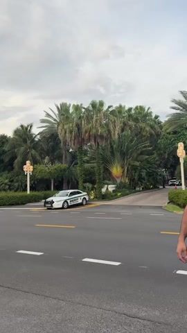 A sheriff's vehicle is parked on the side of a road. In the foreground, a man in a police uniform is standing. Further down the road, there is a person on the sidewalk. Palm trees and lush greenery surround the area. The sky is cloudy.