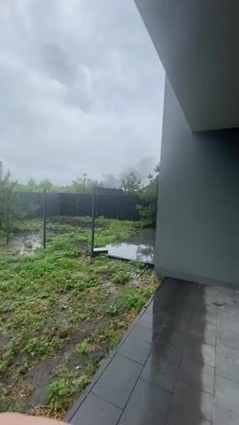 The video begins with a view of a yard on a cloudy, possibly rainy day. A grey building is visible on the right side of the frame, with a tiled patio area in front of it that is wet and reflective. Beyond the patio is a patch of grass and dirt, with some green plants growing. A black, slatted fence runs horizontally across the middle ground of the video. Behind the fence, more green trees and foliage are visible. In the distance, beyond the trees and fence, a plume of dark smoke rises into the overcast sky, suggesting a fire. The camera appears to be handheld and is somewhat unsteady, with slight movement throughout the short clip. The overall atmosphere is somber and the presence of smoke indicates a potential emergency.
