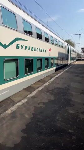 The video shows a train at a station. The train is green and white, and it appears to be a double-decker train. The train is stopped at a platform, and there are some people visible on the platform. The station appears to be in a city, with buildings and trees in the background. The sky is clear and blue.