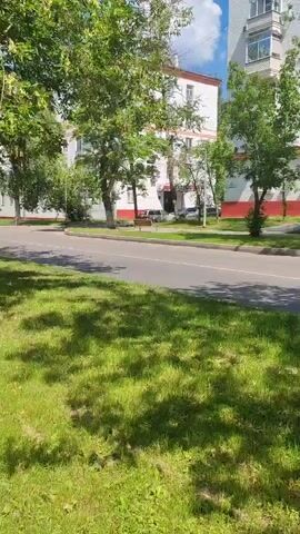 This is a video clip filmed on a sunny day in Lytkarino, Russia. The camera is positioned low to the ground, focusing on a patch of green grass in the foreground, casting dappled shadows from nearby trees. Beyond the grass, a paved road curves into the distance. On the left side of the road, a white minibus with its doors open is driving away from the camera. The minibus appears to be a passenger van.

In the background, several multi-story apartment buildings are visible, some with white and red facades. Trees with lush green foliage line the street between the road and the buildings, obscuring parts of the structures. The sky is blue with a few scattered white clouds. The overall impression is a typical urban residential scene on a pleasant summer day. There are no discernible people visible in the clip, and no text is visible on the buildings or vehicles. The activity is simply the movement of the minibus along the road.