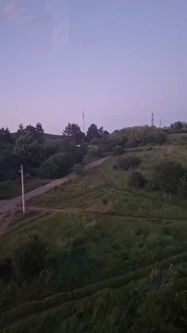 The video shows a view of a grassy hillside with trees, paths, and roads.  The sky is a pale blue, indicating it may be dusk or dawn.  Power lines and towers are visible in the distance. A wooden utility pole stands on the left side of the scene. The camera appears to be positioned looking out a window.