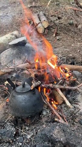 A black kettle sits next to a crackling campfire. The fire is made of small branches and logs, and it is burning brightly. Smoke rises from the fire and drifts into the air. The ground around the fire is covered in dirt, rocks, and twigs. In the background, there are more logs and branches, as well as some dry leaves. The overall scene depicts a rustic outdoor setting where someone is preparing to boil water over an open flame.