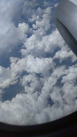 This video shows a view from an airplane window, looking down at a landscape covered in clouds. The scene is dominated by the curve of the airplane's engine nacelle in the upper left corner. Below, a vast expanse of fluffy white clouds stretches across the frame, with patches of blue sky visible in between. The clouds appear to be cumulus, suggesting fair weather. The light suggests it is daytime, likely mid-morning or afternoon, given the brightness and the shadows cast by the clouds.

While no people are visible, the presence of the airplane engine implies human activity of air travel. The landscape beneath the clouds is not clearly discernible, but hints of green and brown suggest land formations, possibly rural or agricultural areas. The overall impression is one of serene flight, with the plane soaring above a picturesque cloudscape. There is no visible text in the video.