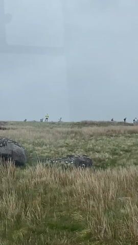 The video shows a group of people walking on a grassy field on a cloudy day. There is a hill in the background. Some sheep are visible in the field. Tall grass is in the foreground. The camera is moving slowly. A voice is heard speaking in the background.