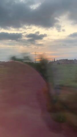 The video presents a landscape view taken from a moving vehicle, likely a train, given the speed of the passing scenery and the presence of a reflection on the window. The camera focuses on fields separated by a line of trees, with a sunset partially visible on the horizon. The sky above is filled with clouds, and the overall lighting suggests it is either early morning or late evening. The fields are patterned with rows, hinting at cultivation. No people are visible in the frame, and the soundscape is filled with train noises. The video's focus is the natural landscape passing by during travel.