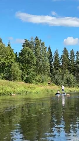 The video shows a sunny day with a blue sky and fluffy clouds. A group of people are paddleboarding on a calm river surrounded by lush green trees and vegetation. Two people are close to the camera on paddleboards, one standing and one sitting. Further down the river, several other people are also paddleboarding. The water is reflective, mirroring the trees and sky.