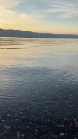 The video shows a body of water, likely a lake or ocean, with a pebble-strewn shore in the foreground. The water is calm with gentle ripples. In the distance, a mountain range is visible under a sky with soft, pastel-colored clouds, indicating either sunrise or sunset. The sun's reflection shimmers on the water, casting a warm glow. There are no people or any explicit actions taking place. The environment is serene and natural.