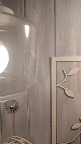 The video shows a close-up of a light fixture with a glass shade and a decorative bird figurine on top. The light bulb is a bright white color.  The background includes a gray wood-paneled wall, a white framed decoration with a branch design, and a sheer, patterned curtain. The camera pans slightly to show more of the curtain.